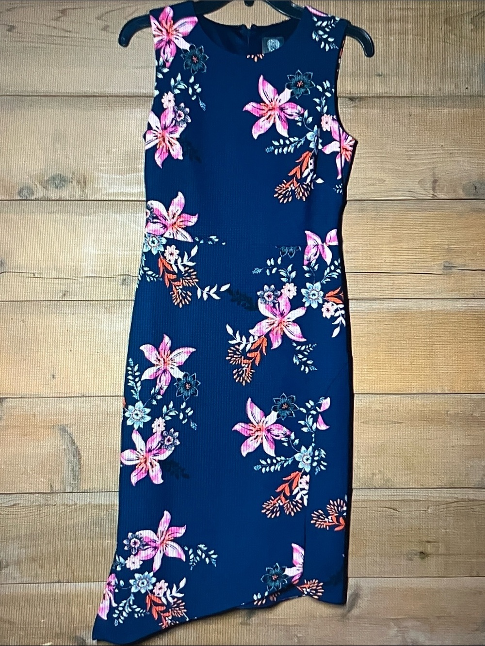 Vince Camuto Navy Asymmetrical Midi Dress with Pink & Coral Floral